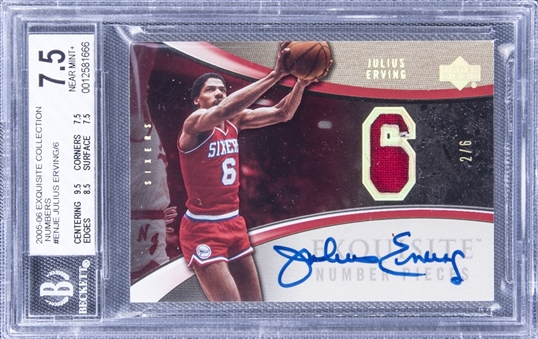 2005-06 UD "Exquisite Collection" Exquisite Number Pieces #ENJE Julius Erving Signed Game Used Patch Card (#2/6) - BGS NM+ 7.5/BGS 10